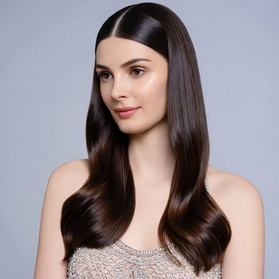 Woman with long dark hair in beaded dress