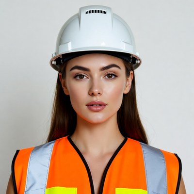 Woman in hard hat and orange vest