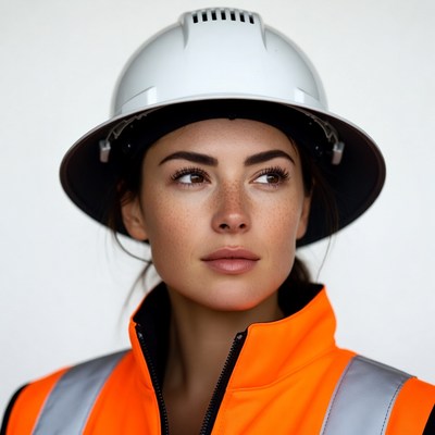 Woman wearing hard hat and hi-vis vest