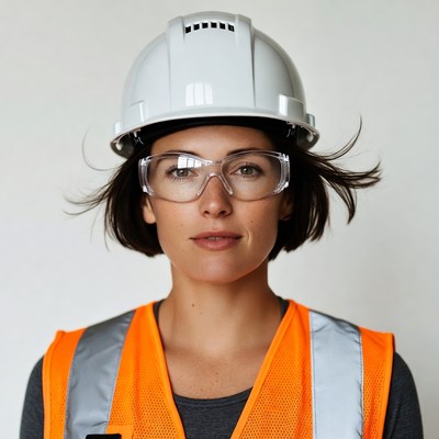 Woman wearing safety helmet and vest