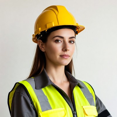 Woman in yellow hard hat and hi-vis vest