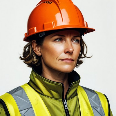 Woman wearing orange hard hat and hi-vis vest