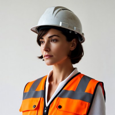 Woman in hard hat and safety vest
