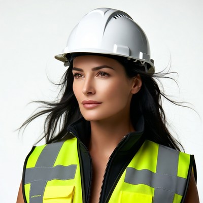 Woman in hard hat and safety vest