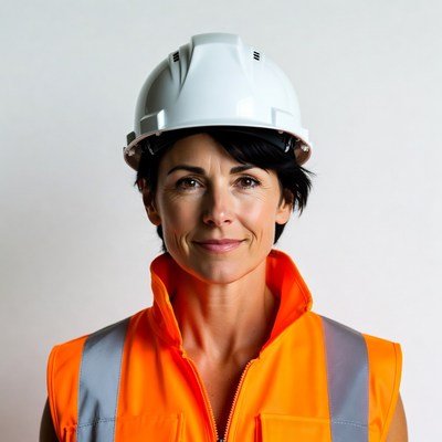 Woman wearing hard hat and hi-vis vest