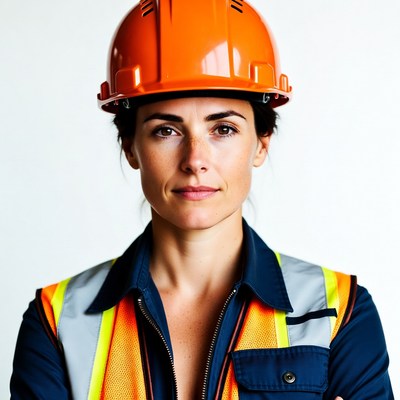 Woman wearing orange hard hat and hi-vis vest