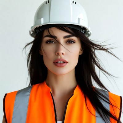 Woman wearing hard hat and hi-vis vest