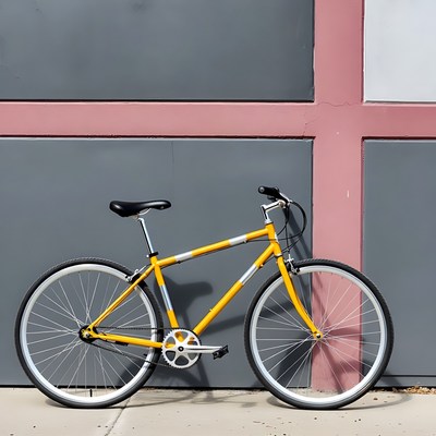 Yellow bicycle against colorful wall