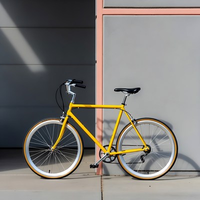 Yellow bicycle against pink wall