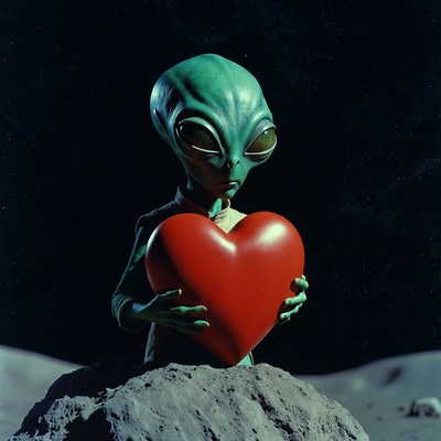 Alien holding red heart