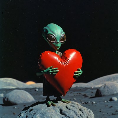 Alien holding red heart on moon