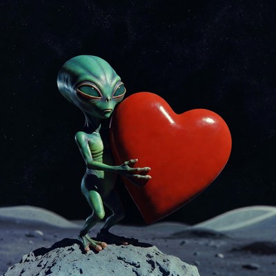 Alien holding red heart