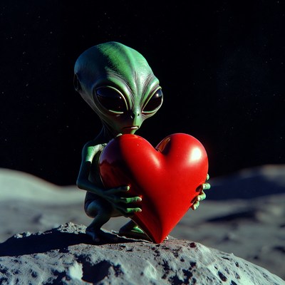 Cute alien holding red heart