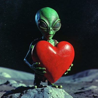 Alien holding red heart
