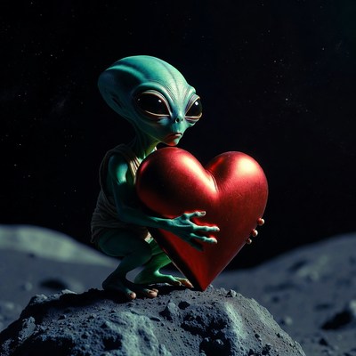 Cute alien holding red heart