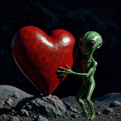 Alien holding red heart