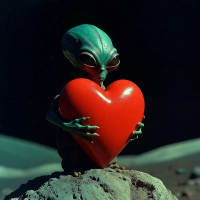 Alien holding red heart