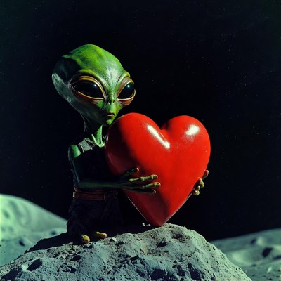 Alien holding red heart on moon