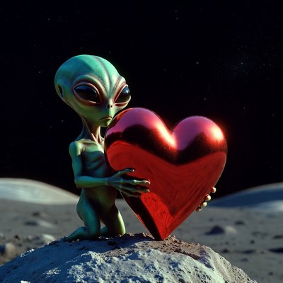 Alien holding red heart