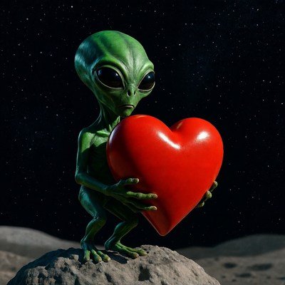 Green Alien Holding Red Heart