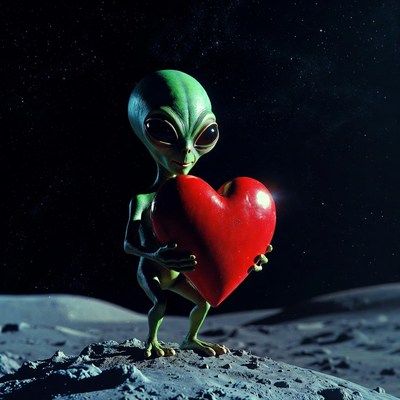 Cute alien holding red heart