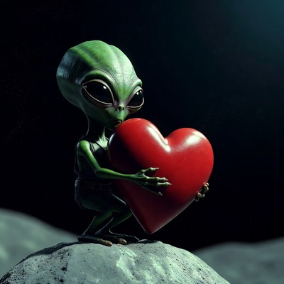 Alien holding red heart