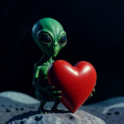 Cute green alien holding red heart