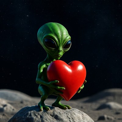 Cute green alien holding red heart