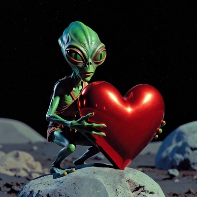 Alien holding red heart