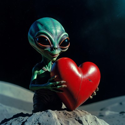 Cute alien holding red heart