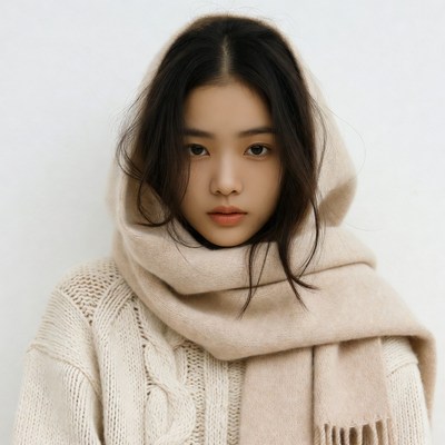 Asian woman in white sweater and scarf