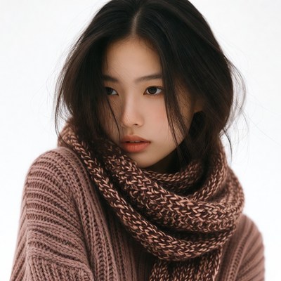 Asian woman in knitted sweater and scarf