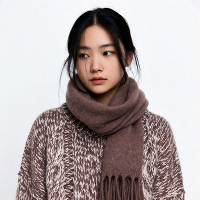 Asian woman in brown scarf sweater
