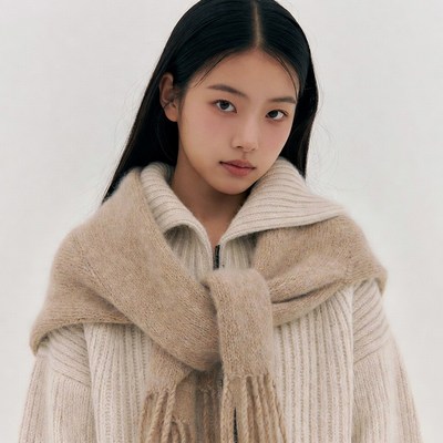 Asian woman in beige scarf sweater