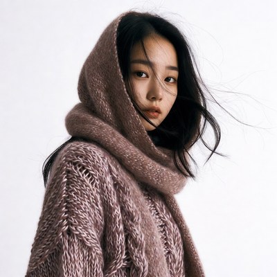 Asian woman in hooded knit sweater