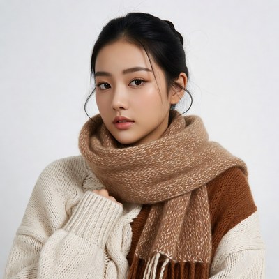 Asian woman in beige scarf