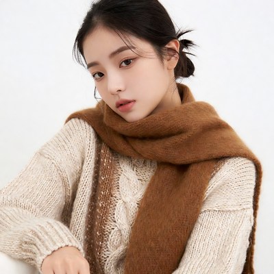 Asian woman in cream sweater and brown scarf