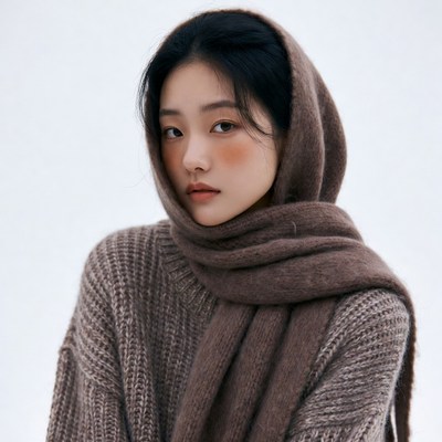 Asian woman in brown knitted scarf