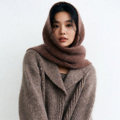 Asian woman in brown headscarf