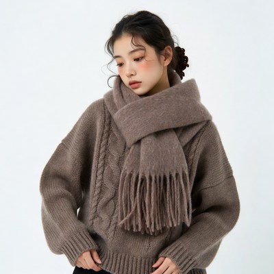 Asian woman in cable knit sweater scarf