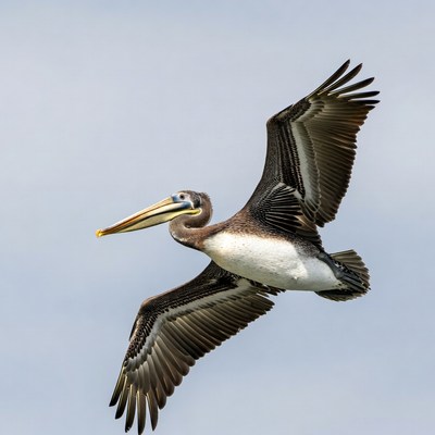 Brown pelican flying in sky