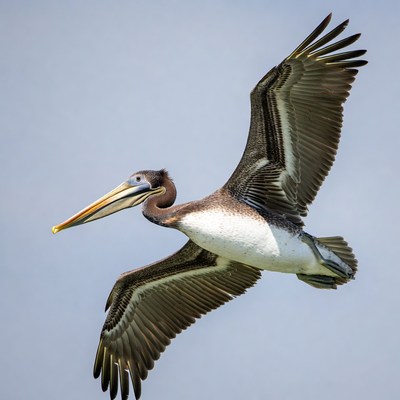Brown pelican flying with wings spread