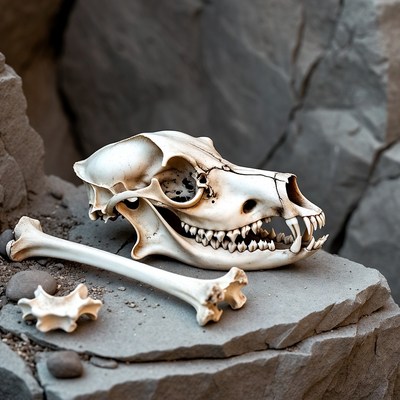 Coyote Skull with Bones on Rocks