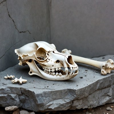 Coyote Skull with Bone on Rock