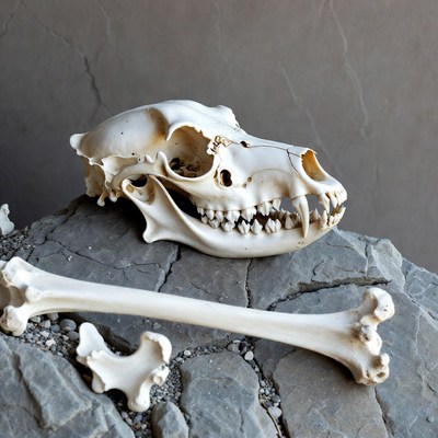 Coyote Skull with Bones on Rocks