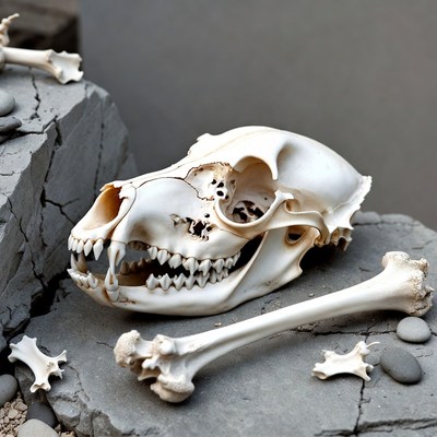 Dog Skull with Bones on Rocks