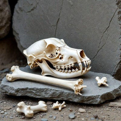 Dog Skull with Bones on Rocks