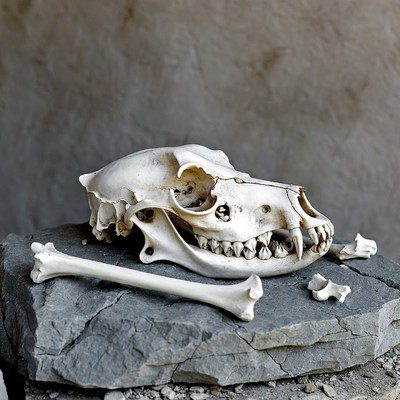 Dog Skull with Bones on Rock