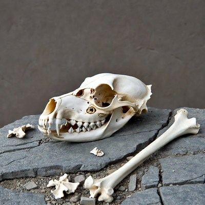 Coyote Skull with Bone on Rock
