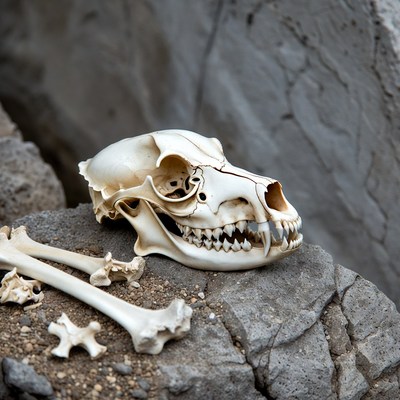Dog Skull and Bones on Rocks